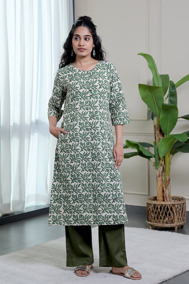 Green Bagru Lite Cotton Flax Women Long Kurta