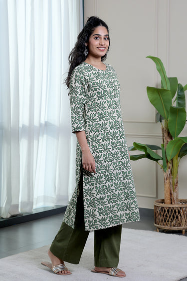 Green Bagru Lite Cotton Flax Women Long Kurta