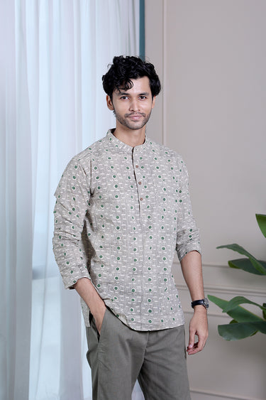 Green Black Bagru Cotton Men Short Kurta