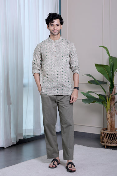 Green Black Bagru Cotton Men Short Kurta