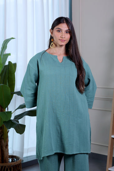 Green Dyed Cotton Double Cloth Women Tunic