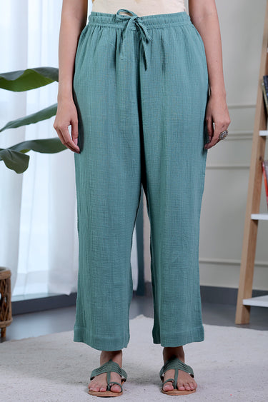 Green Dyed Cotton Double Cloth Women Wide Leg Pant