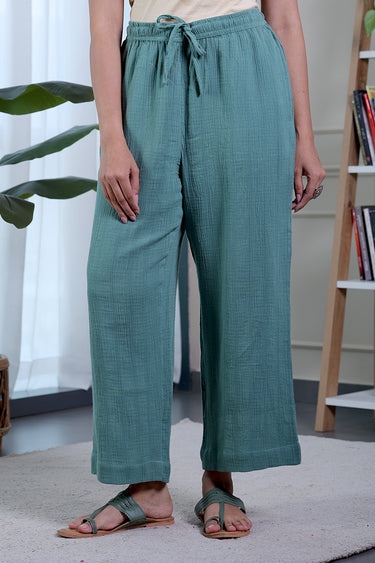 Green Dyed Cotton Double Cloth Women Wide Leg Pant