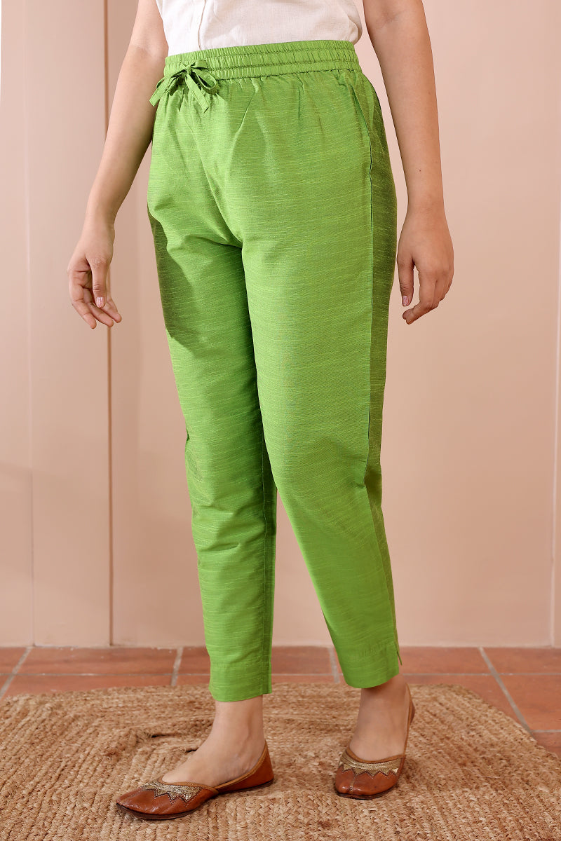 Green Hand Dyed Art Silk Slub Women Ankle Pant WAKPT102315