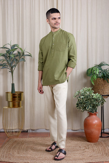 Green Hand Dyed Cotton Flax Men Short Kurta Full Sleeves MSKFS082412