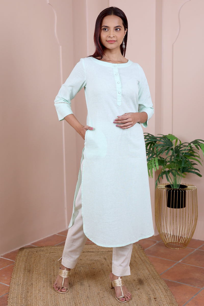 Green Hand Dyed Cotton Linen Women Long Kurta Long Sleeves WLKLS04237