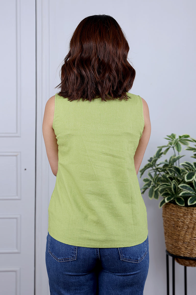 Green Hand Dyed Cotton Linen Women Short Top Sleeveless WSTSL052425