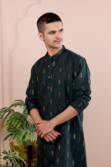 Green Jaquard Art Silk Men Long Kurta Full Sleeves MLKFS052412