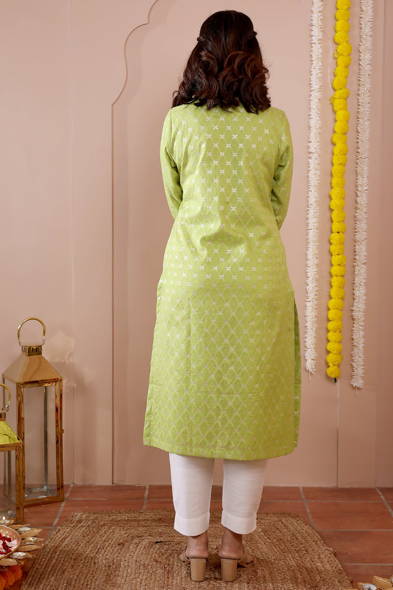 Green Jaquard Art Silk Women Long Kurta Long Sleeves