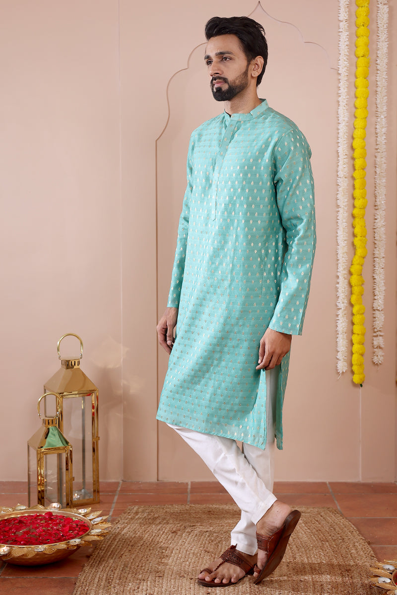 Green Jaquard Banarasi Silk Men Long Kurta Full Sleeves