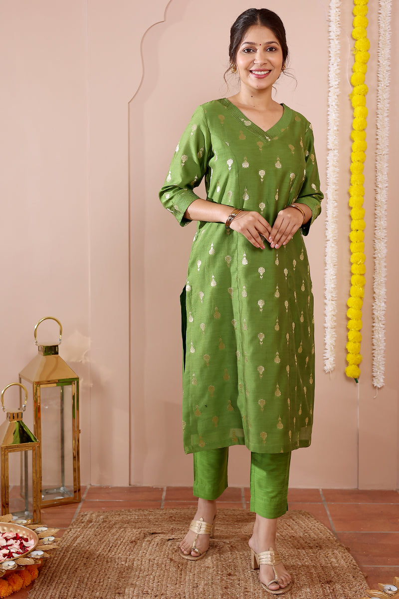 Green Jaquard Banarasi Silk Women Long Kurta Long Sleeves