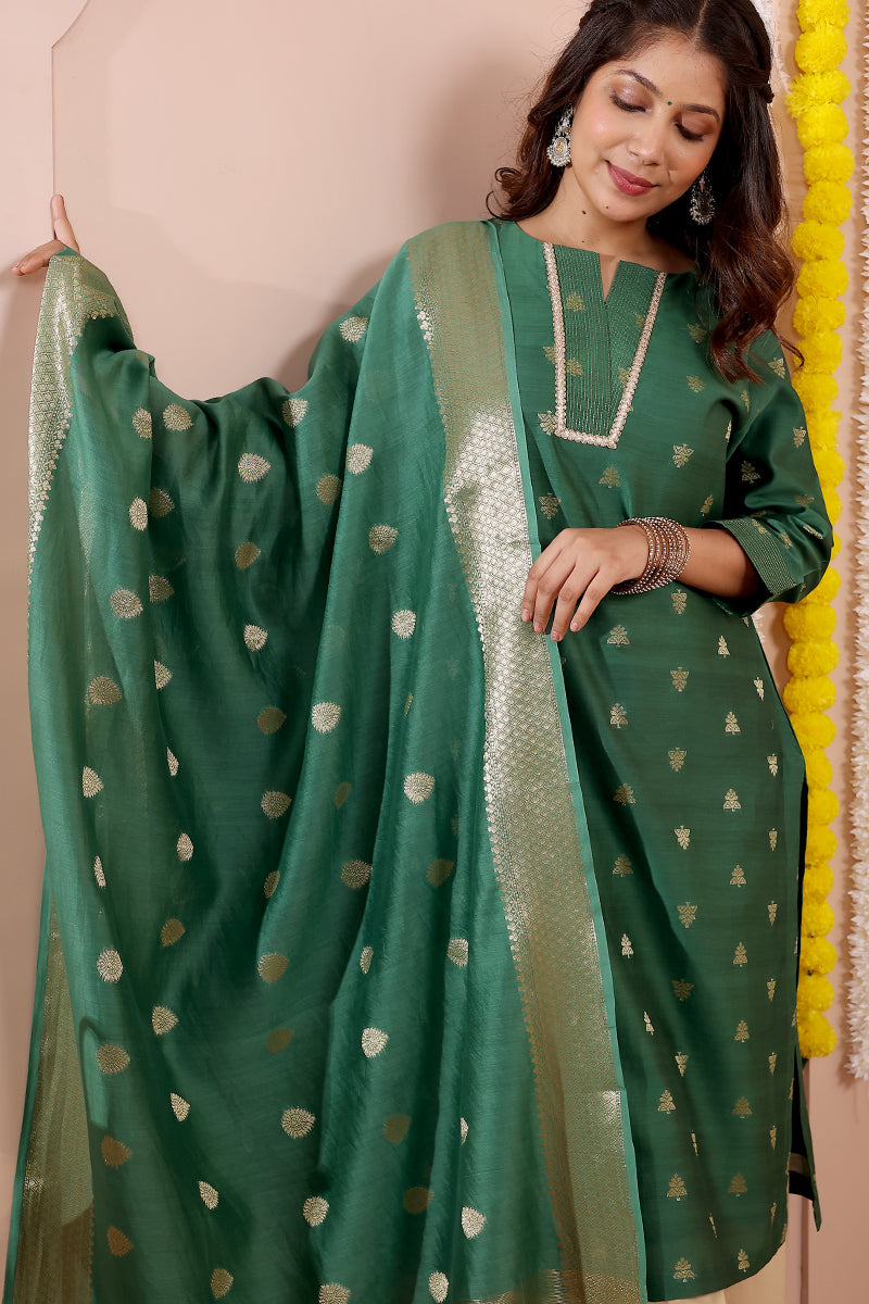 Green Jaquard Banarasi Silk Dupatta