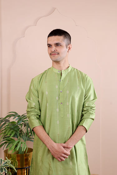 Green Jaquard Chanderi Silk Men Long Kurta Full Sleeves MLKFS052420