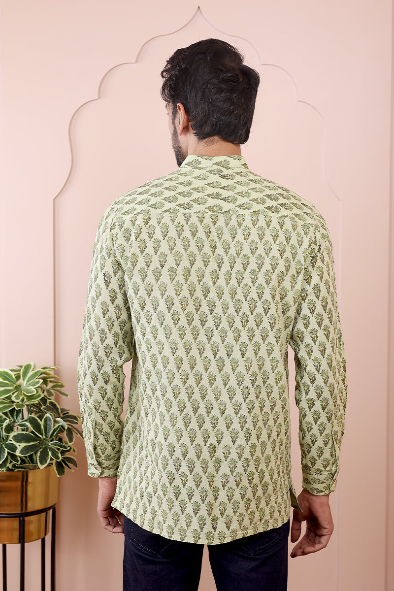 Green Sanganeri Cotton Linen Men Short Kurta Full Sleeves MSKFS092311