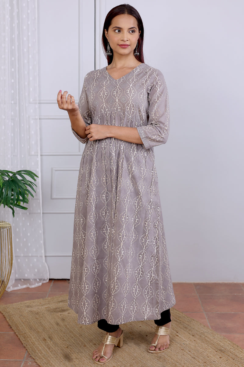 Grey Dhabu Cotton Malmal Women Ankle Kurta Long Sleeves WAKLS04234
