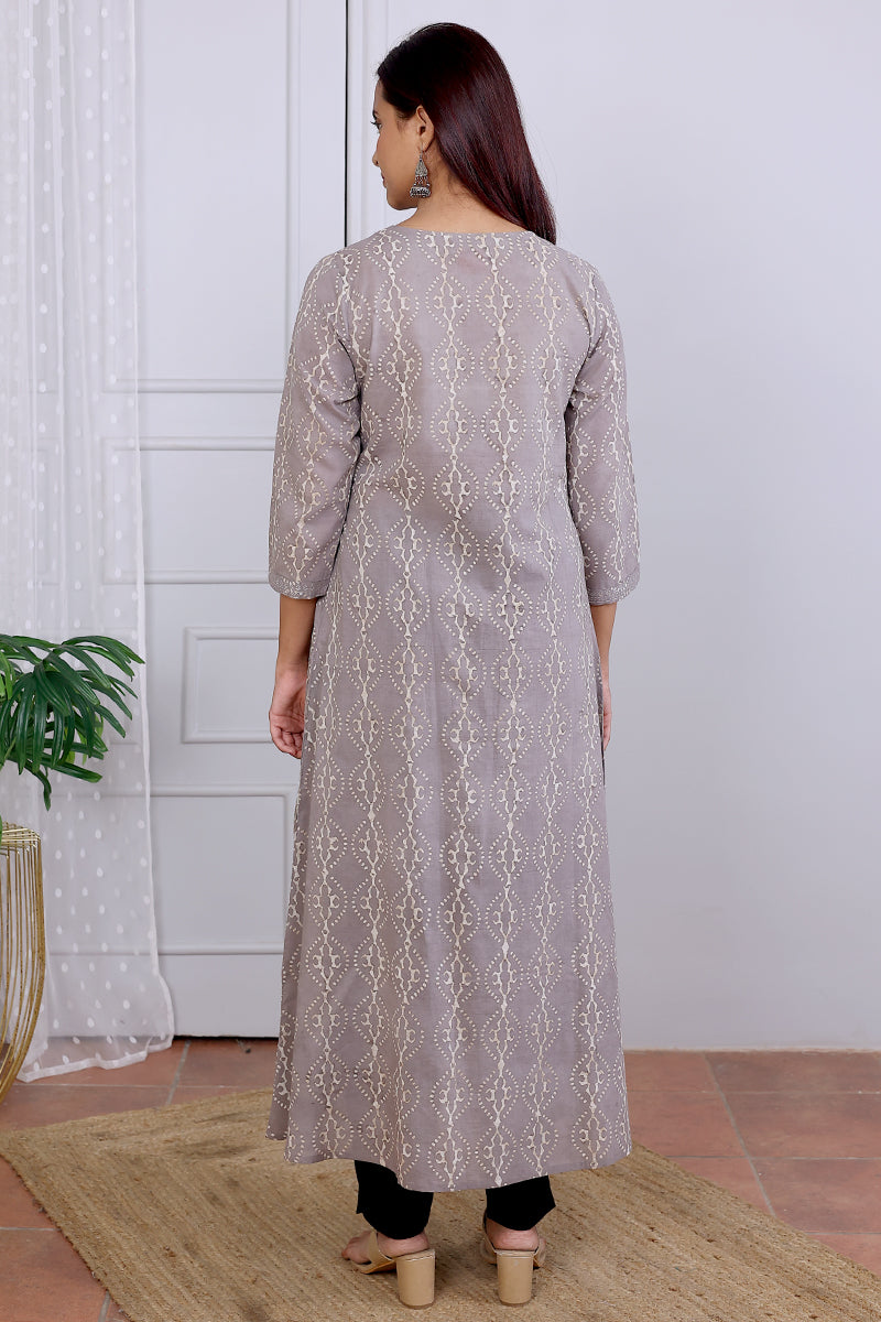 Grey Dhabu Cotton Malmal Women Ankle Kurta Long Sleeves WAKLS04234