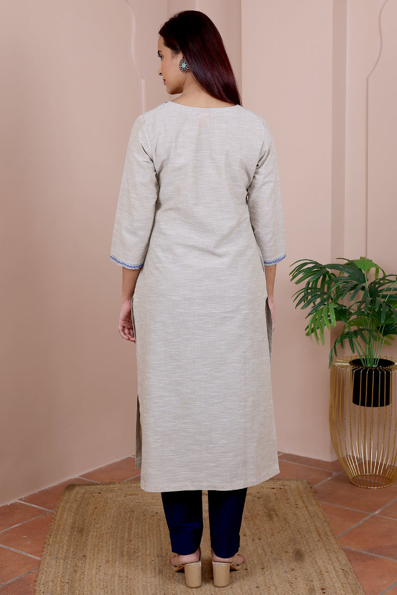 Grey Hand Embroidery South Cotton Viscose Women Long Kurta Long Sleeves WLKLS02235