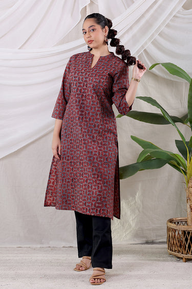 Red Black Ajrakh Cotton Women Long Kurta