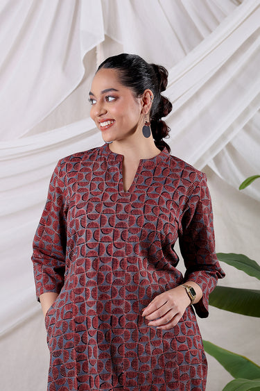 Red Black Ajrakh Cotton Women Long Kurta
