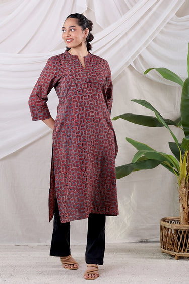 Red Black Ajrakh Cotton Women Long Kurta