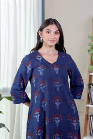 Indigo Ajrakh Cotton Women Long Kurta