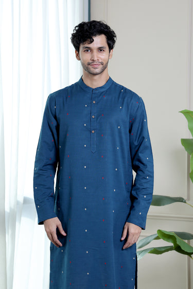 Indigo Blue Dobby Cotton Blend Men Long Kurta