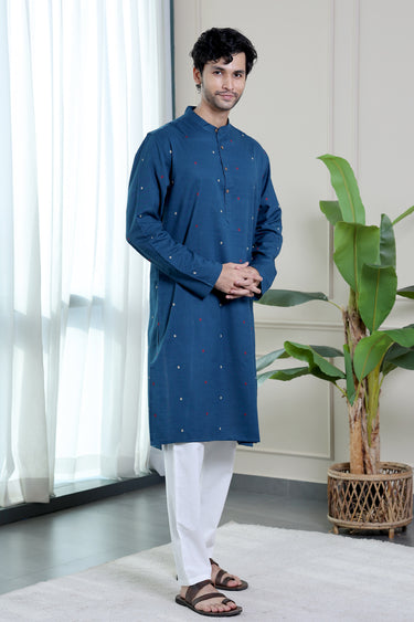 Indigo Blue Dobby Cotton Blend Men Long Kurta