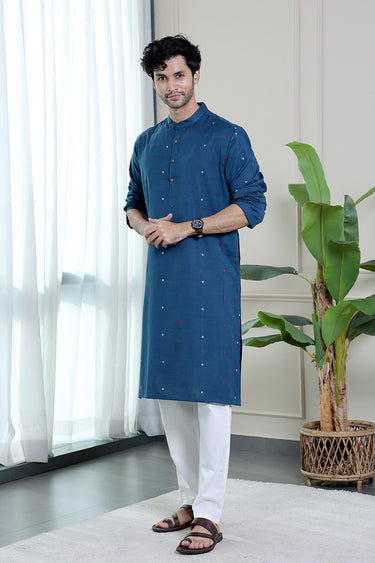 Indigo Blue Dobby Cotton Blend Men Long Kurta