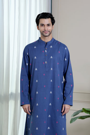 Indigo Blue Dobby South Cotton Men Long Kurta
