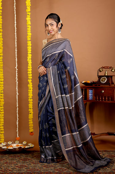 Indigo Sanganeri Chanderi Silk Saree