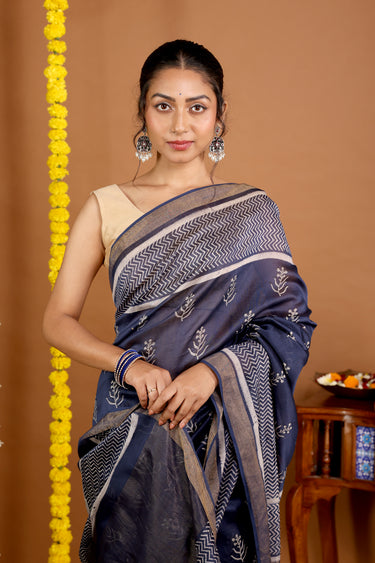 Indigo Sanganeri Chanderi Silk Saree