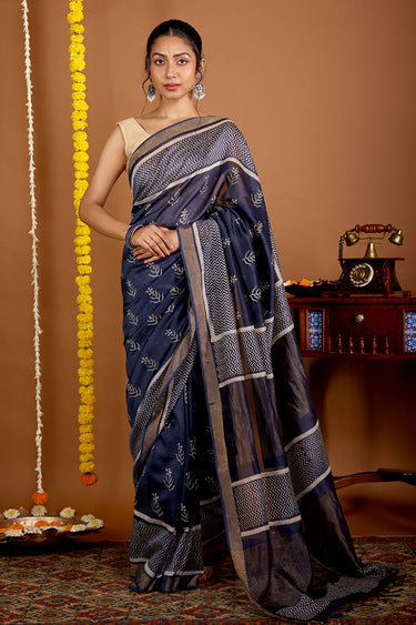 Indigo Sanganeri Chanderi Silk Saree
