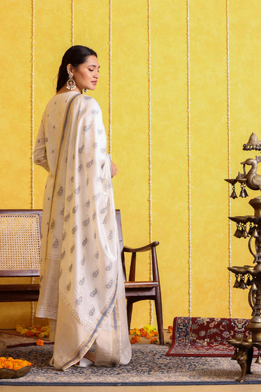 Ivory Sanganeri Chanderi Silk Dupatta DUPAT092422