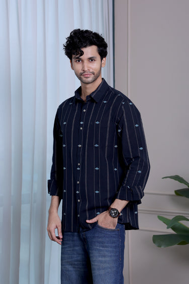 Jet Black Stripes Dobby Fine Cotton Flax Men Shirt