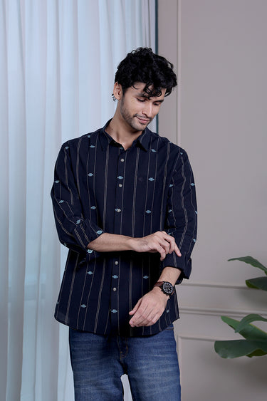Jet Black Stripes Dobby Fine Cotton Flax Men Shirt