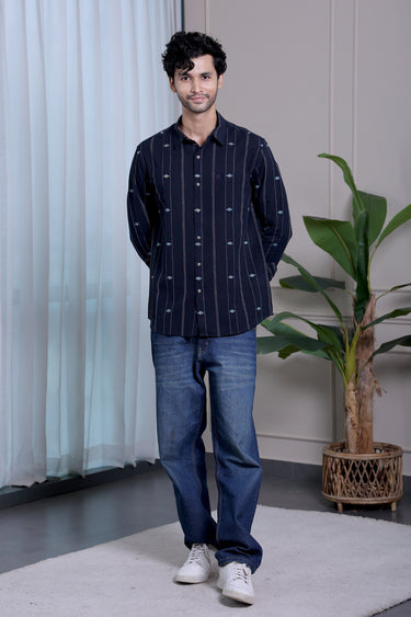 Jet Black Stripes Dobby Fine Cotton Flax Men Shirt