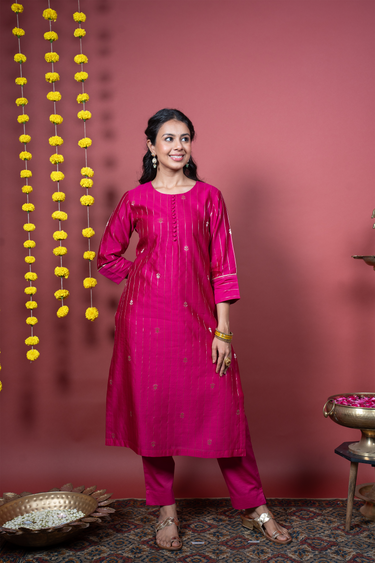 Jewel Pink Jaquard Stripes Banarasi Silk Women Long Kurta