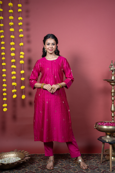 Jewel Pink Jaquard Stripes Banarasi Silk Women Long Kurta