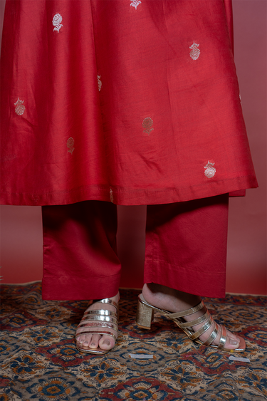 Kumkum Red Dyed Cotton Satin Women Flared Pant