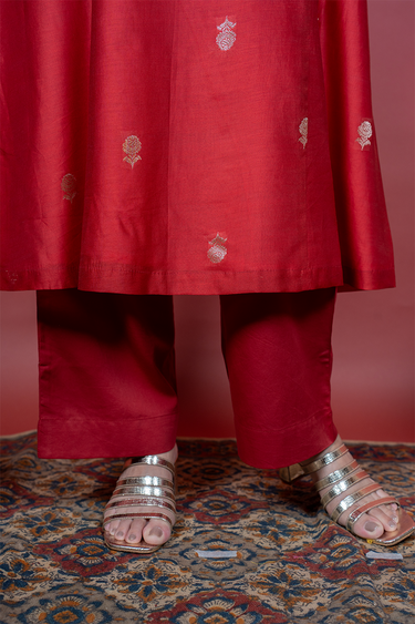 Kumkum Red Dyed Cotton Satin Women Flared Pant