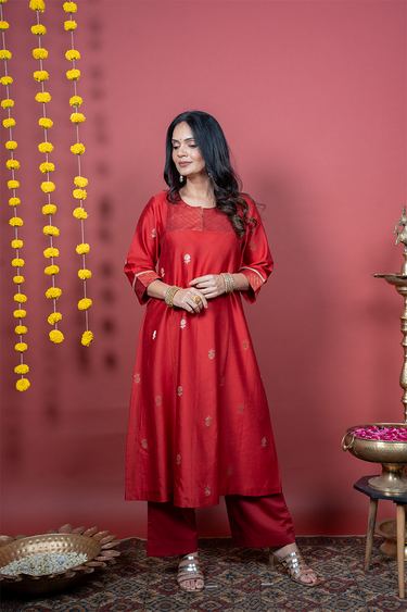 Kumkum Red Dyed Cotton Satin Women Flared Pant