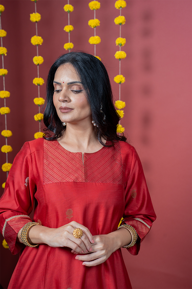 Kumkum Red Jaquard Banarasi Silk Women Long Kurta