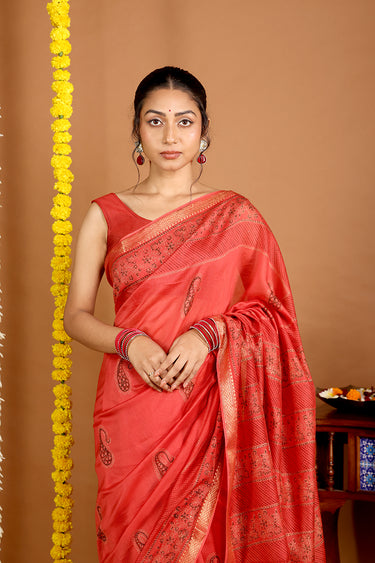 Kumkum Red Sanganeri Rib Chanderi Silk Saree