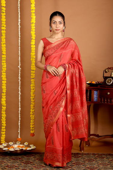 Kumkum Red Sanganeri Rib Chanderi Silk Saree