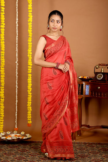 Kumkum Red Sanganeri Rib Chanderi Silk Saree