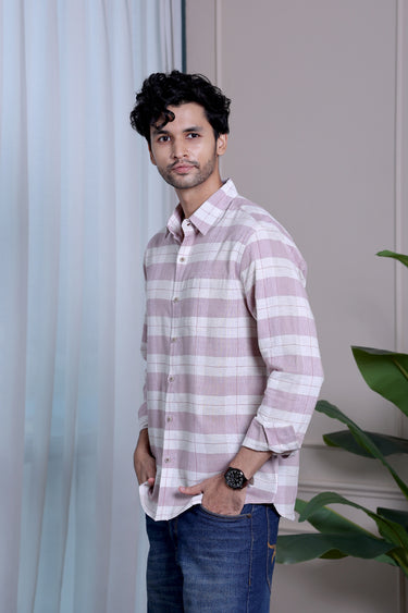 Light Pink Checks Natural Cotton Linen Men Shirt