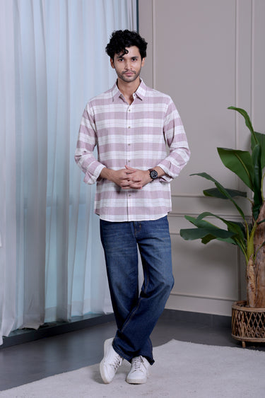 Light Pink Checks Natural Cotton Linen Men Shirt