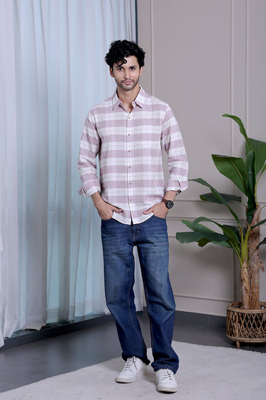 Light Pink Checks Natural Cotton Linen Men Shirt
