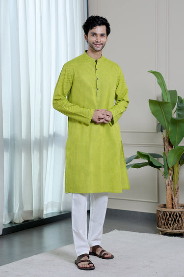 Lime Green Checks South Cotton Men Long Kurta
