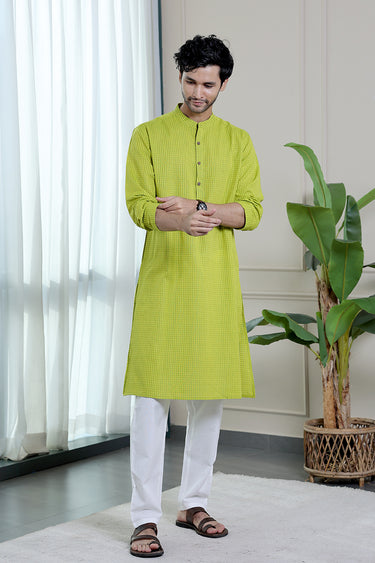 Lime Green Checks South Cotton Men Long Kurta